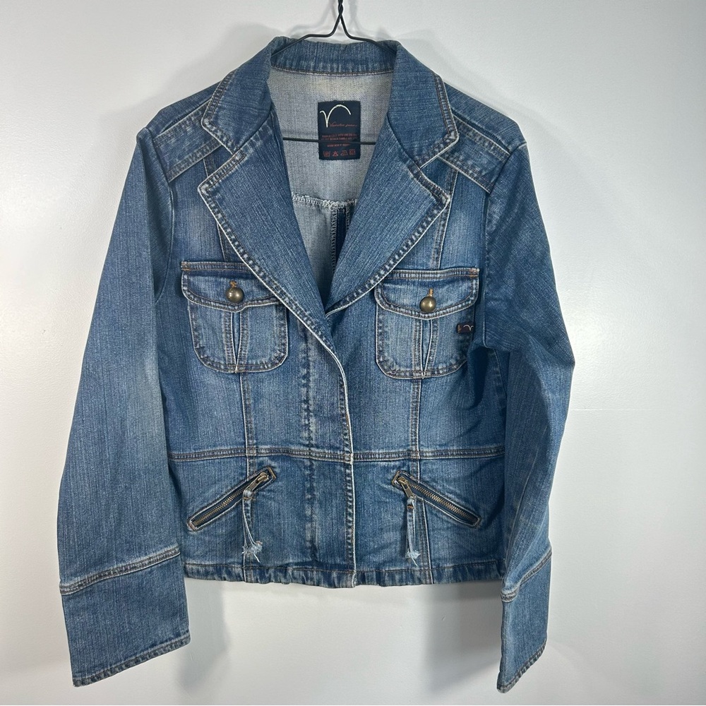 Vanilia Jeans Cropped Denim Distressed Jacket Fancy Stone Wash; Women’s Size 42